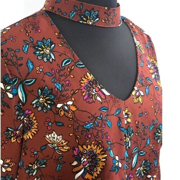 meraki Floral Bell Sleeve Choker Neck Blouse Sz L - Picture 2 of 10